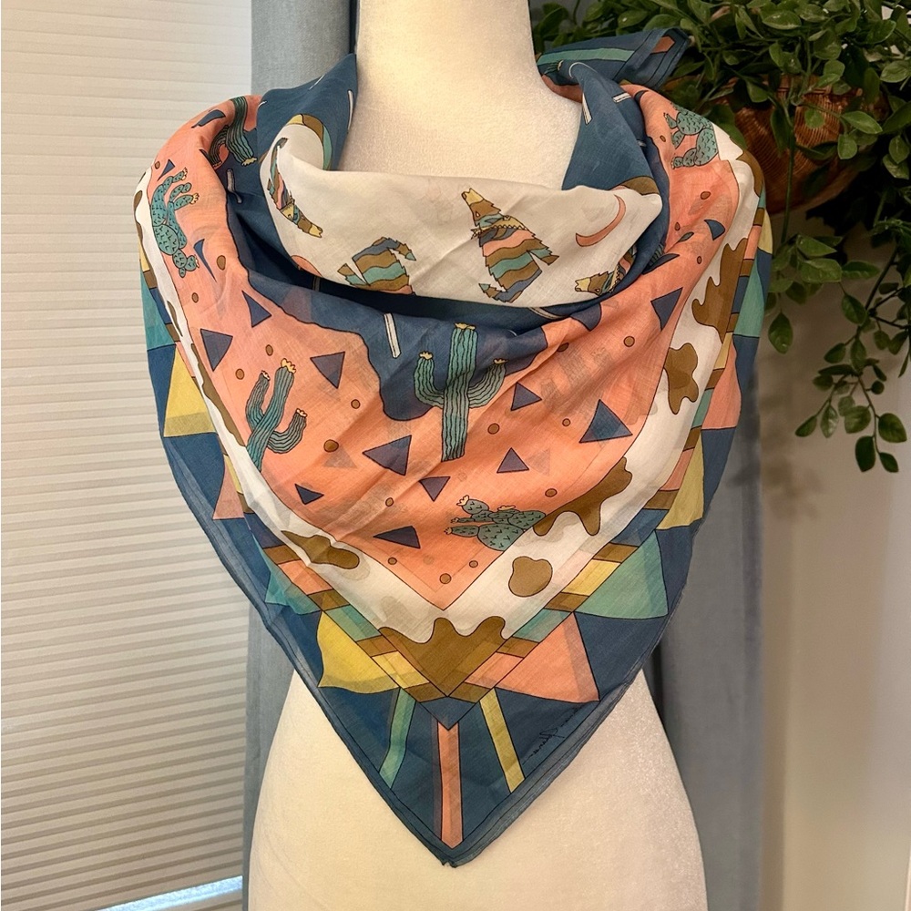 Vintage Ginnie Johansen Scarf Southwest Coyote Desert Cotton from 1989